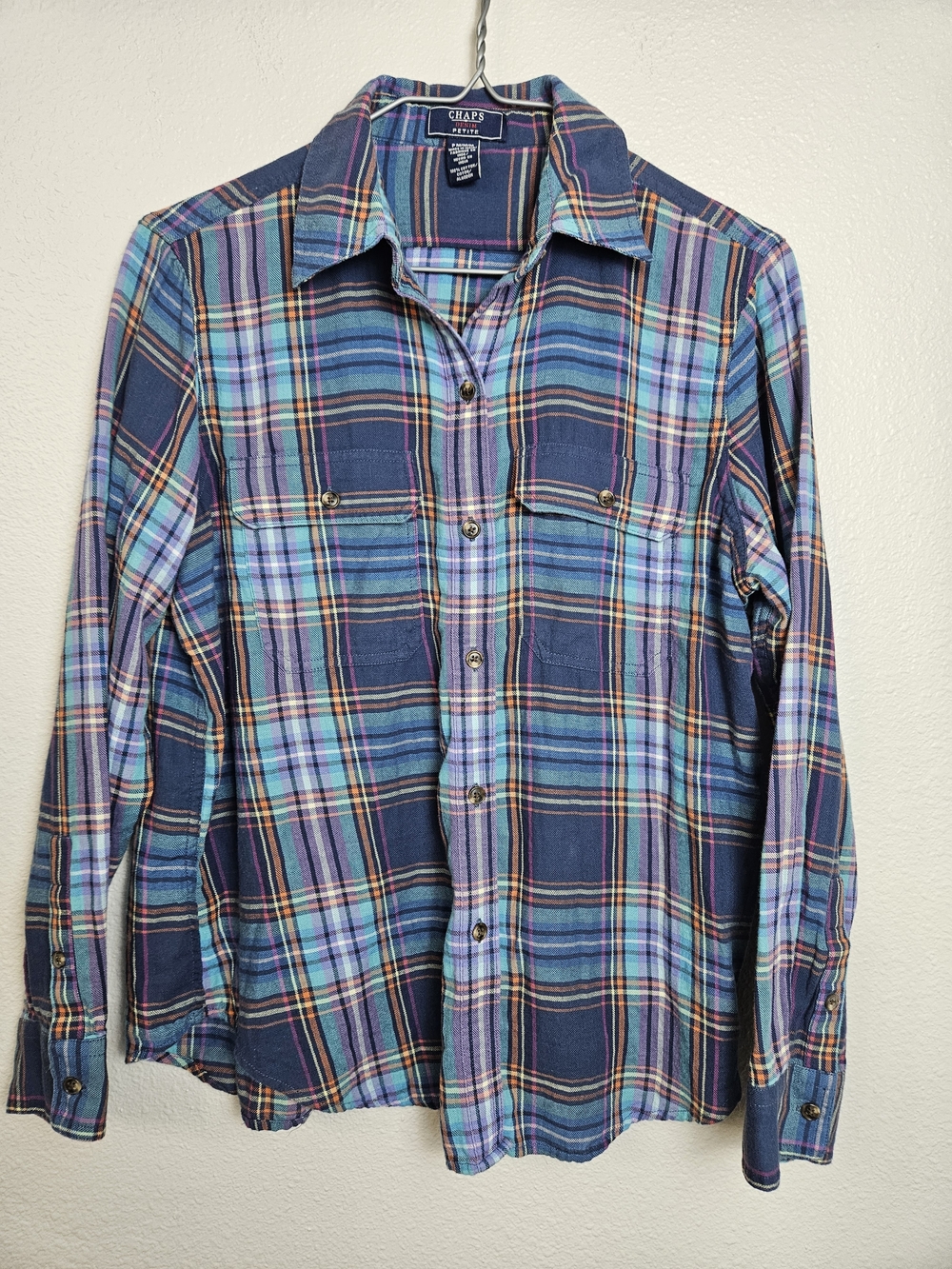 Chaps Women's Petite Plaid Button Down Shirt PM Blue Teal Purple Cotton